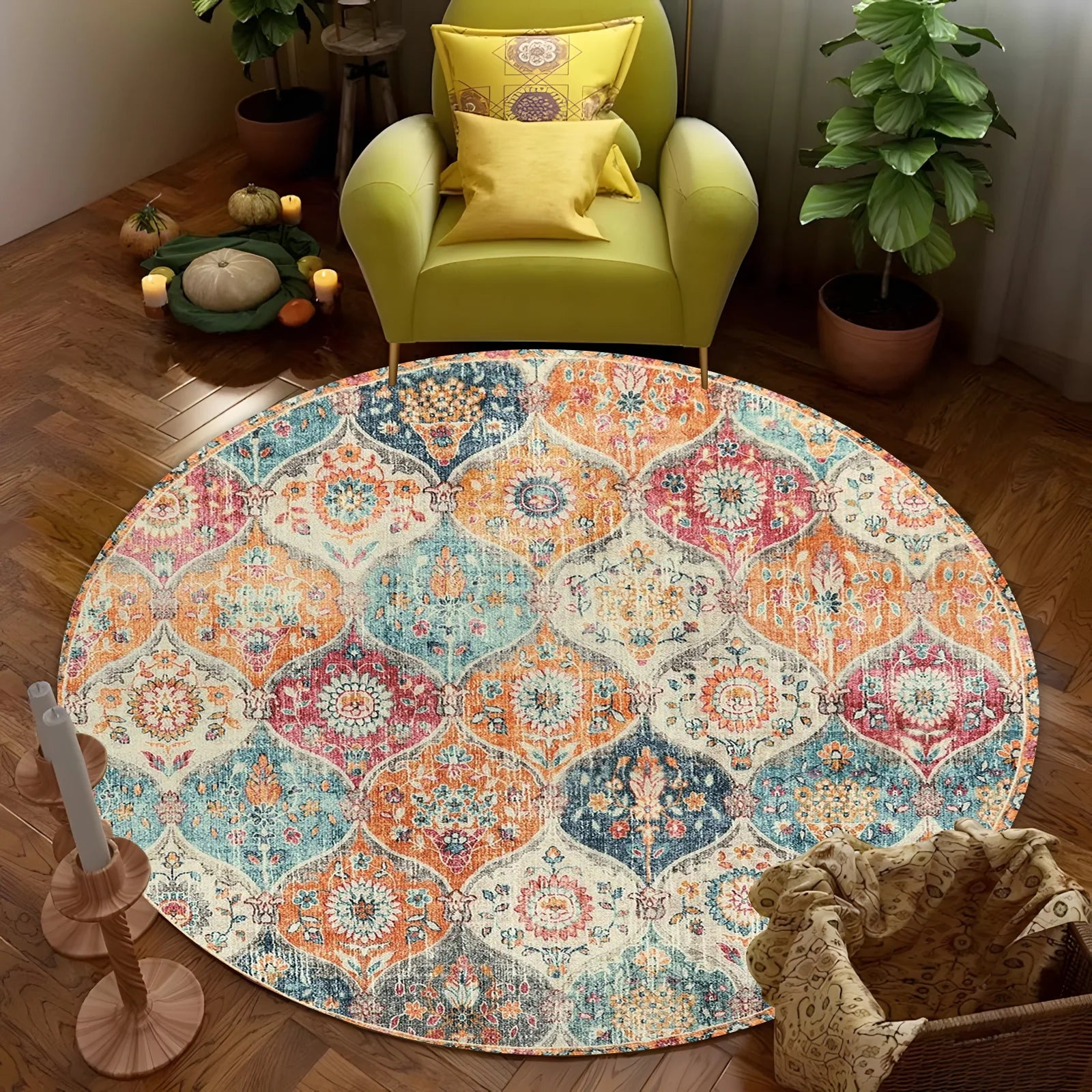 Navak Carpet Moroccan Trellis Washable Large Round Carpet Living Room Area Rugs Vintage Bedroom Sofa Coffee Table Kids Anti-slip floor Mats