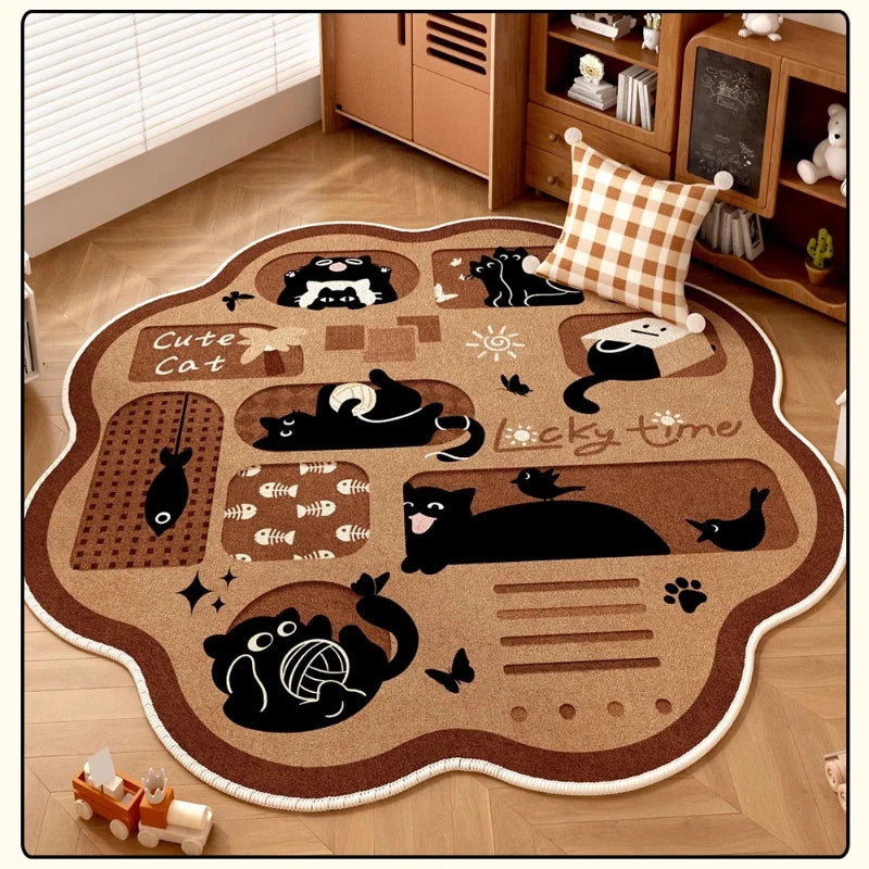 Navak Carpet Retro Brown Living Room Decoration Round Carpet Cartoon Style Rugs for Bedroom Anti-slip Lounge Floor Mat Washable Home Soft Rug
