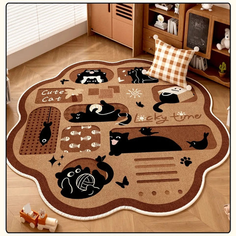 Navak Carpet Retro Brown Living Room Decoration Round Carpet Cartoon Style Rugs for Bedroom Anti-slip Lounge Floor Mat Washable Home Soft Rug