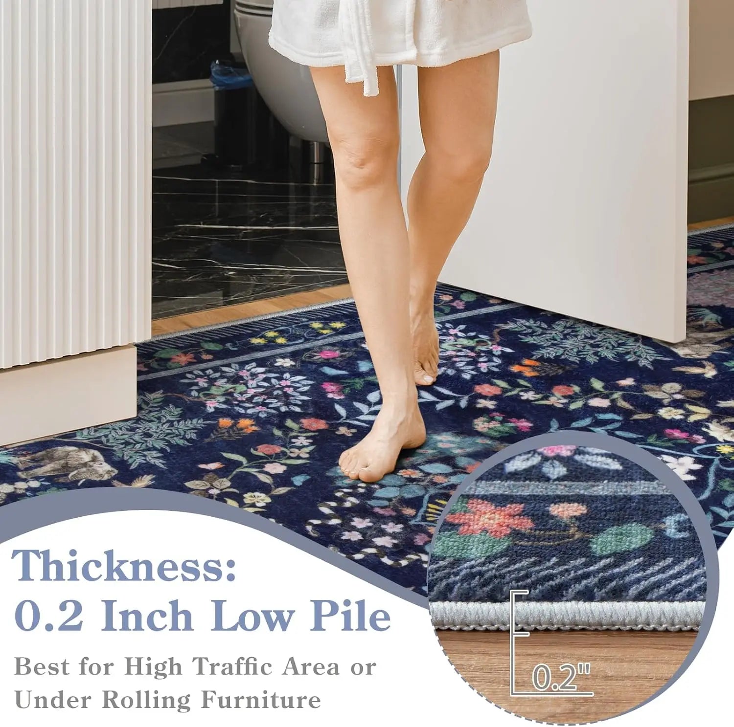 Navak Carpet Boho Floral Soft Blue Esszimmerteppich, rutschfest, ultradünn, schmutzabweisend, großer Bodenteppich für Schlafzimmer, Home Office