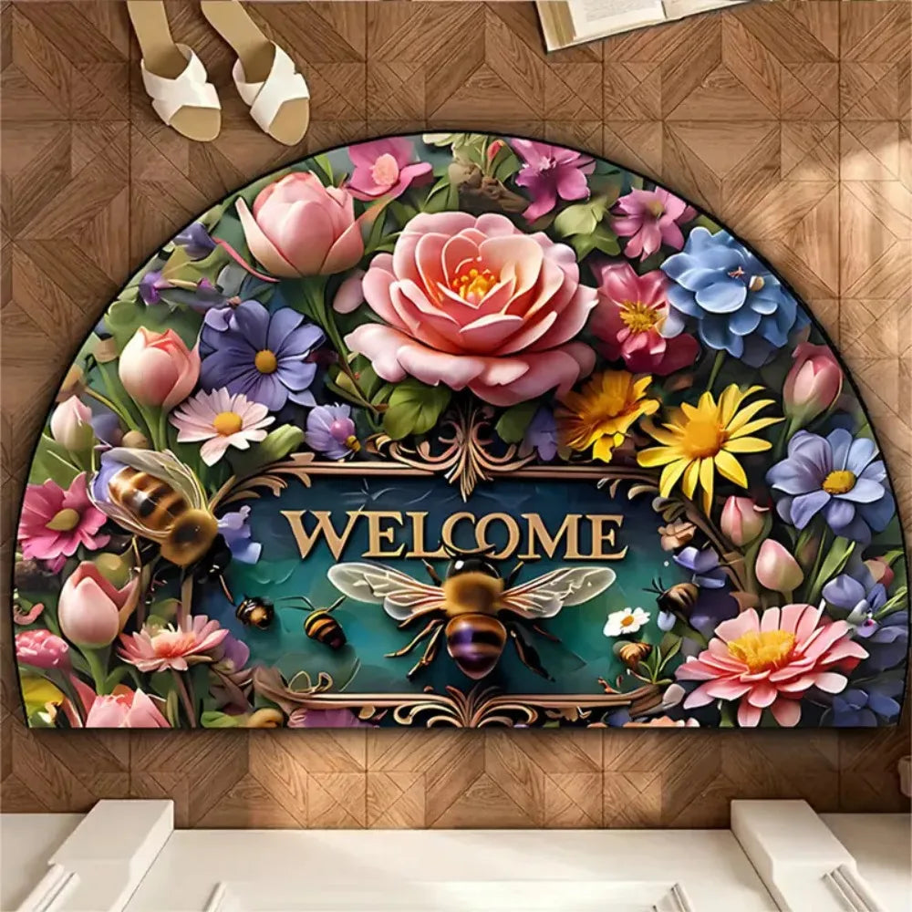 Navak Carpet Rutschfeste, halbrunde Fußmatte mit Blumenmuster, saugfähig, Willkommensteppich, waschbar, Fußmatte, Eingangsmatte für drinnen und draußen