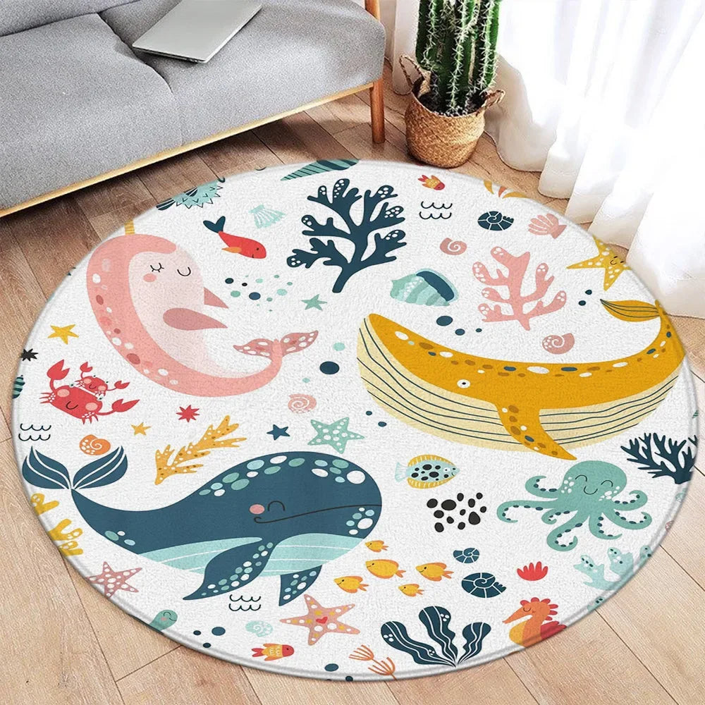 Navak Teppich, Cartoon-Design, rund, für Ozean, Fisch, Delfin, Seestern, niedlich, Hirsch, Löwe, Elefant, Tiger, Kinder-Schlafzimmermatte, Heimdekoration, Wohnzimmer, Bodenteppich