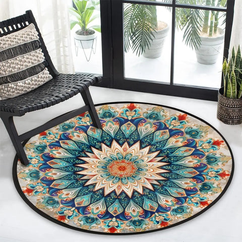 Navak Carpet Runder Teppich 85,9 cm, runder Teppich für den Innenbereich, Vintage-Mandala-Blume, runde Form, rund, rutschfest, waschbar, leicht, weich, Überwurfteppiche, Boden C