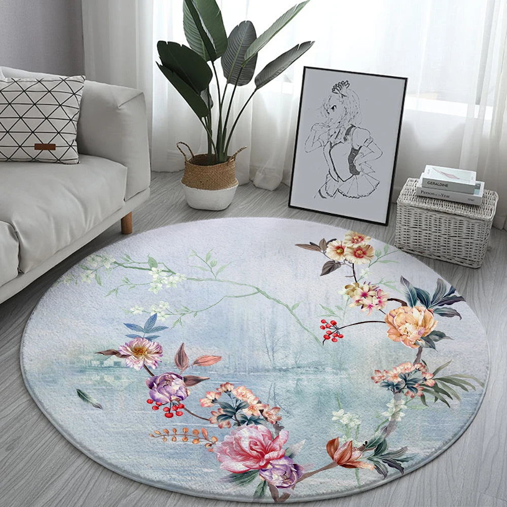 Navak Teppich Home Wohnzimmer Schlafzimmer Badezimmer Bodenmatte Druck Dekorativer Teppich Blume und Vogel Runde Pfingstrose Rose