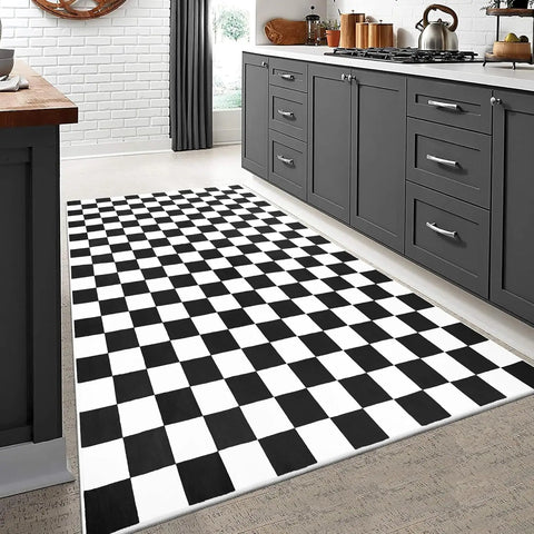 Navak Carpet Schwarz-weiß karierter Teppich für Wohnzimmer und Schlafzimmer, 6 x 9 Zoll, weicher, waschbarer Flächenteppich mit Rutschfestigkeit, fleckenabweisender Teppich mit niedrigem Flor