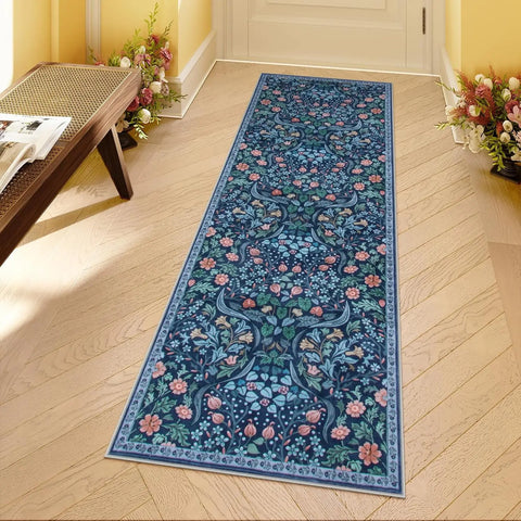 Navak Carpet Florale waschbare Teppiche, weicher großer Boho-Schlafzimmerteppich, botanischer rutschfester ultradünner Bodenteppich für Esszimmer, Kinderzimmer, Büro