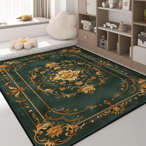Navak Carpet Luxuriöser Teppich mit grünen Blumen – Rutschfester großer Wohnzimmerteppich, goldener Rand, waschbare weiche Matte für die Heimdekoration im Schlafzimmer