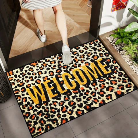 Navak Carpet Welcome Leopard Print Doormat Non-Slip Retardant Ideal for Kitchen Dining Hallway Bathroom Bedroom Parties Home Decoration Rug