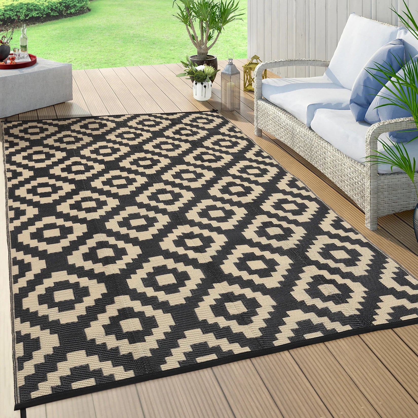 Navak Teppich, Outdoor-Teppich, Kunststoff-Strohteppich, moderner geometrischer wasserdichter Teppich, wendbare Outdoor-Bodenmatte für Terrasse, Veranda, Hinterhof, Picknick, Campi