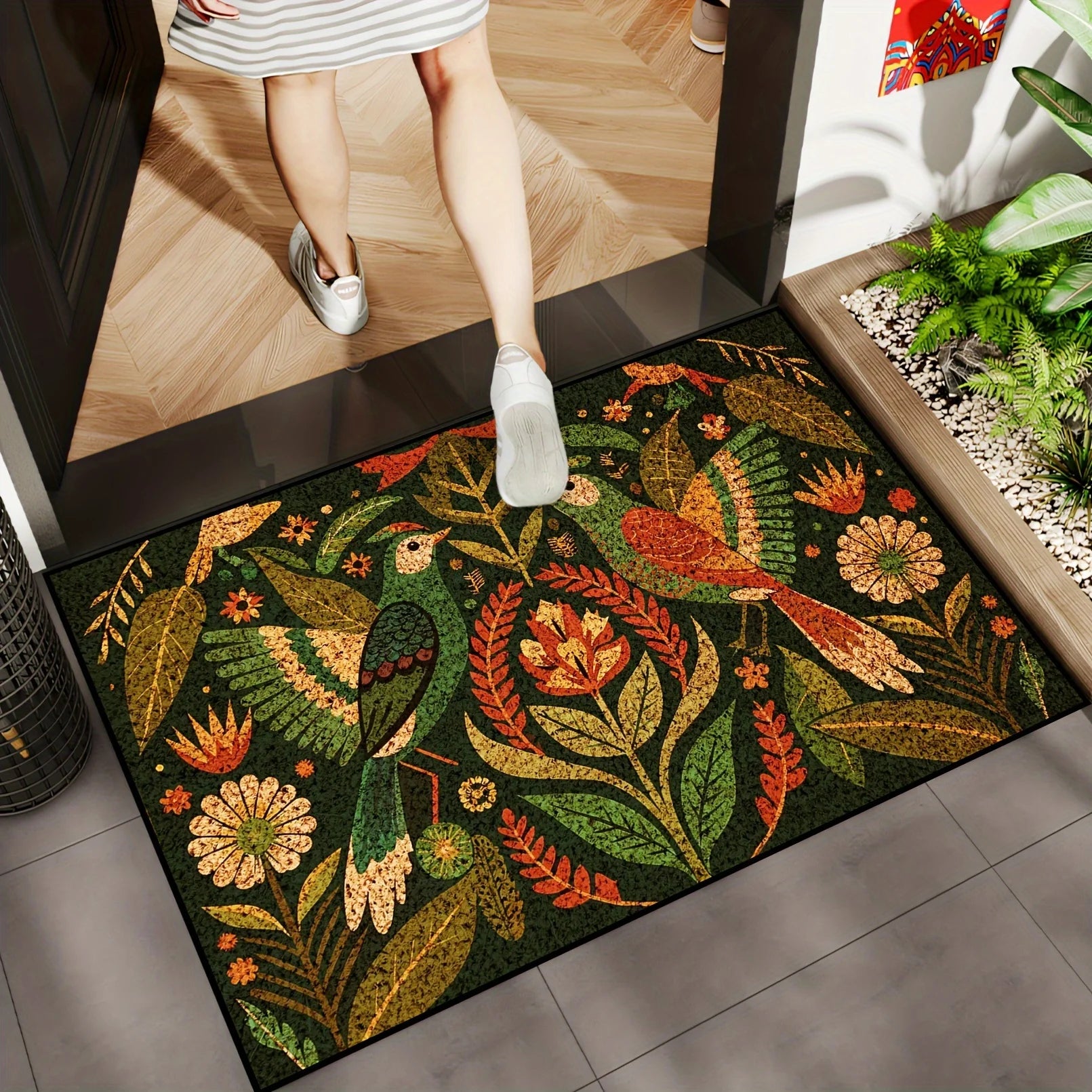 Navak Carpet Green Flowers Bird Plant Entrance Doormat Home Decor Washable Kitchen Hallway Balcony Rugs Bedroom Non-slip Floor Mat Decor