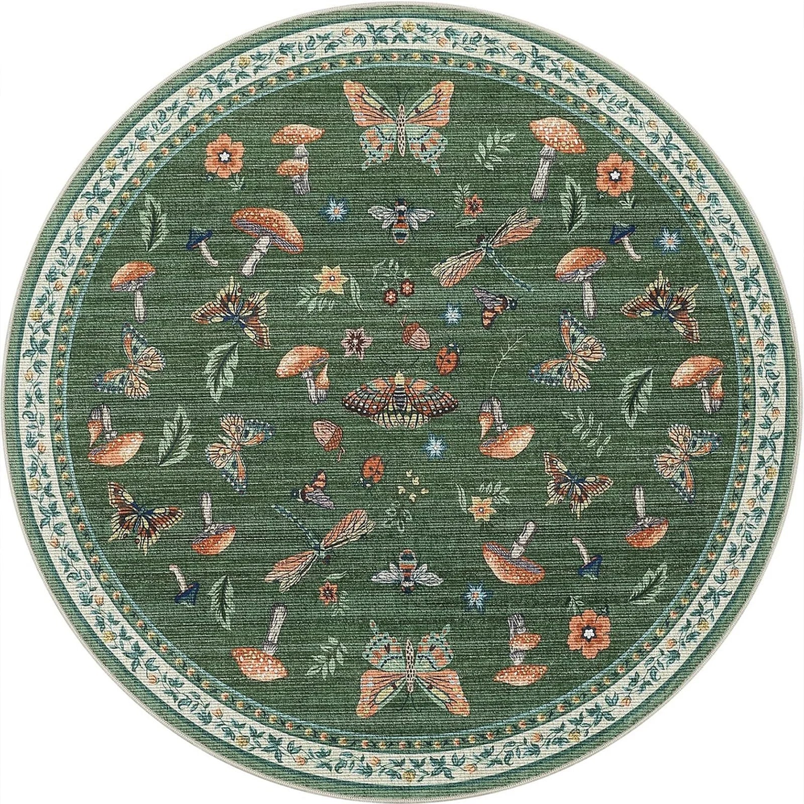 Navak Carpet Runder Boho-Blumenteppich – Lebendiger Pilz- und Schmetterlingsdruck, rutschfester Teppich für Wohnzimmer/Schlafzimmer, von der Natur inspiriertes Dekor