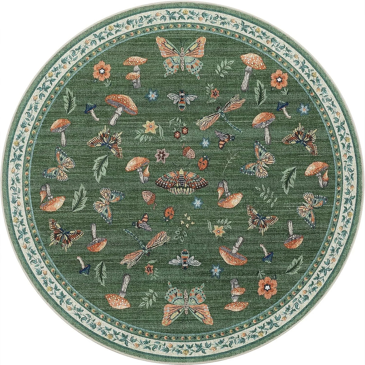 Navak Carpet Runder Boho-Blumenteppich – Lebendiger Pilz- und Schmetterlingsdruck, rutschfester Teppich für Wohnzimmer/Schlafzimmer, von der Natur inspiriertes Dekor