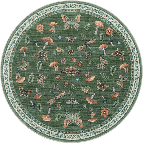 Navak Carpet Runder Boho-Blumenteppich – Lebendiger Pilz- und Schmetterlingsdruck, rutschfester Teppich für Wohnzimmer/Schlafzimmer, von der Natur inspiriertes Dekor
