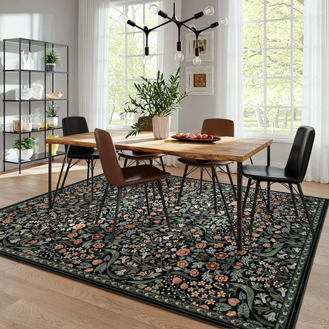 Navak Carpet Florale waschbare Teppiche, weicher großer Boho-Schlafzimmerteppich, botanischer rutschfester ultradünner Bodenteppich für Esszimmer, Kinderzimmer, Büro