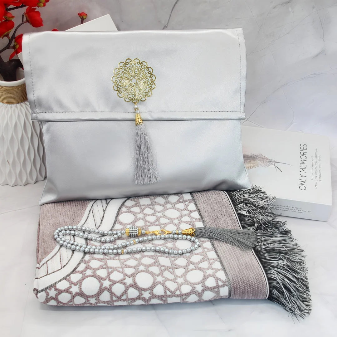 Navak-Teppich, muslimischer Gebetsteppich mit tragbarer Tasche, Perlen, muslimisch für Frauen und Männer, weiche Matte, Islam-Geschenkset, türkisch für Ramadan, Eid, Hadsch, Reisematte