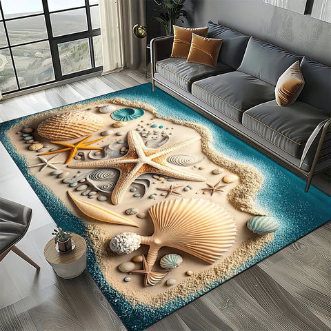Navak Carpet 2025 Neuer Seestern-Strand-Muschel-Seestern-Sand-Teppich für Wohnzimmer, Schlafzimmer, Heimsofa-Dekoration, Kinderspiel-Rutschfeste Bodenmatte