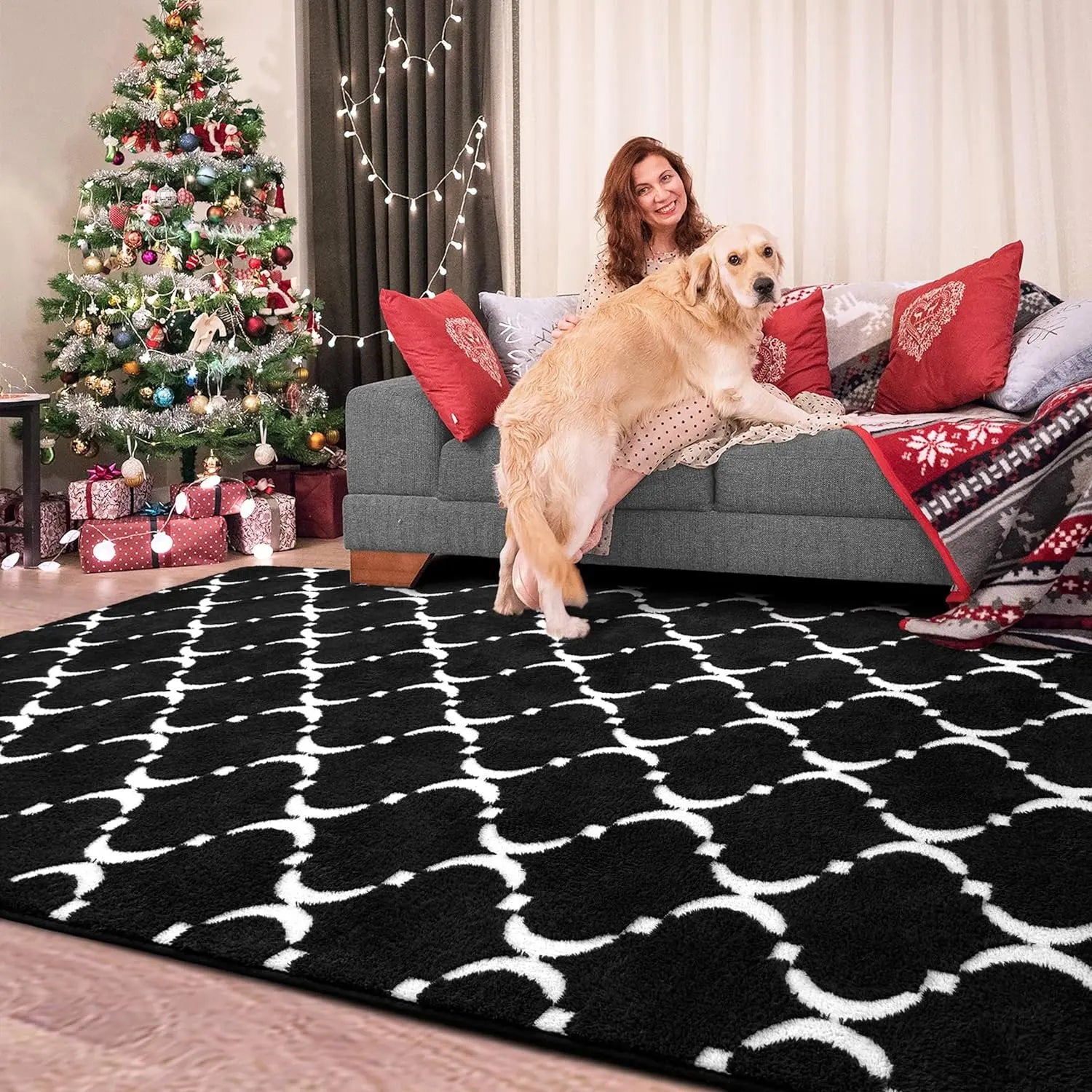 Navak Carpet Großer Shag-Teppich aus Memory-Schaum, Wohnzimmerteppich, 1,8 x 2,7 m, schwarzer Plüsch-Schlafzimmerteppich mit geometrischem Muster, Innenteppich für Kinderzimmerdekoration
