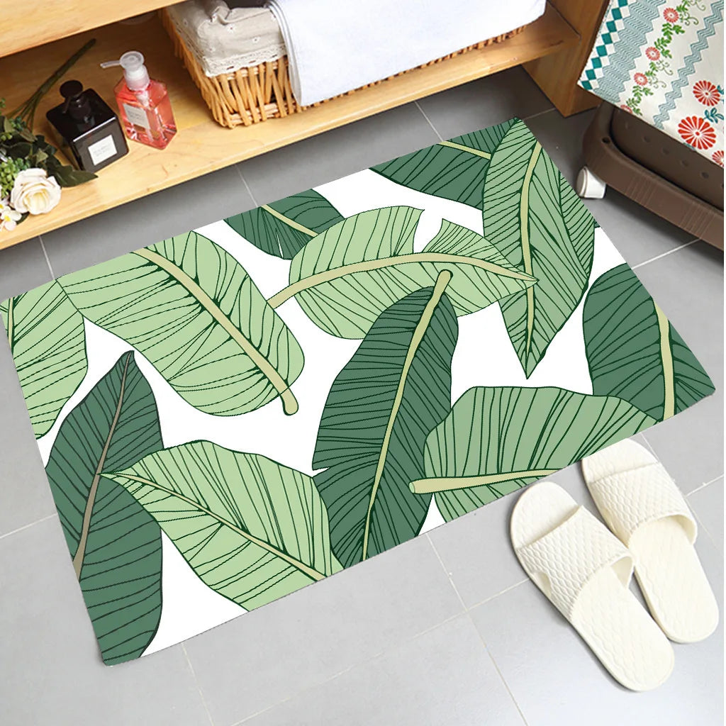 Navak Carpet Weiche, rutschfeste und saugfähige Flanell-Fußmatte mit grünem Pflanzendesign, waschbarer Badezimmer- und Küchenteppich, Heimdekorationsteppich