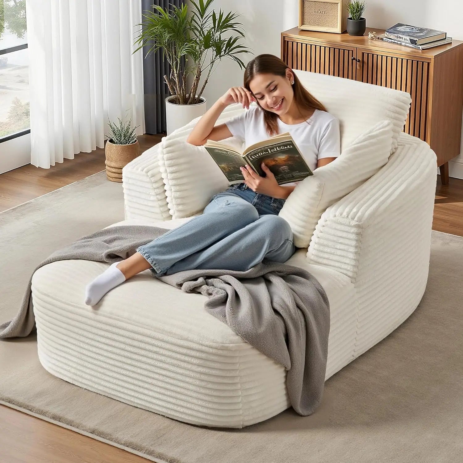 Navak Carpet „65“ Cord-Sofa ohne Knochen – luxuriöse, übergroße Chaiselongue mit tiefer Sitzfläche, Lese-/Schlafsessel für das Wohnzimmer