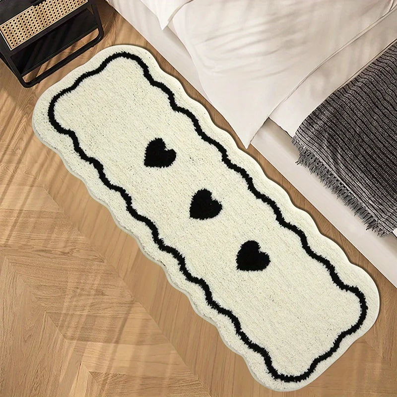Navak Carpet Exclusive Picks Schwarz-weißer, herzförmiger, langer Teppich, flauschiger und weicher Nachttischvorleger für die Heimdekoration, Bodenmatte für Schlafzimmer, Flur und Korridor