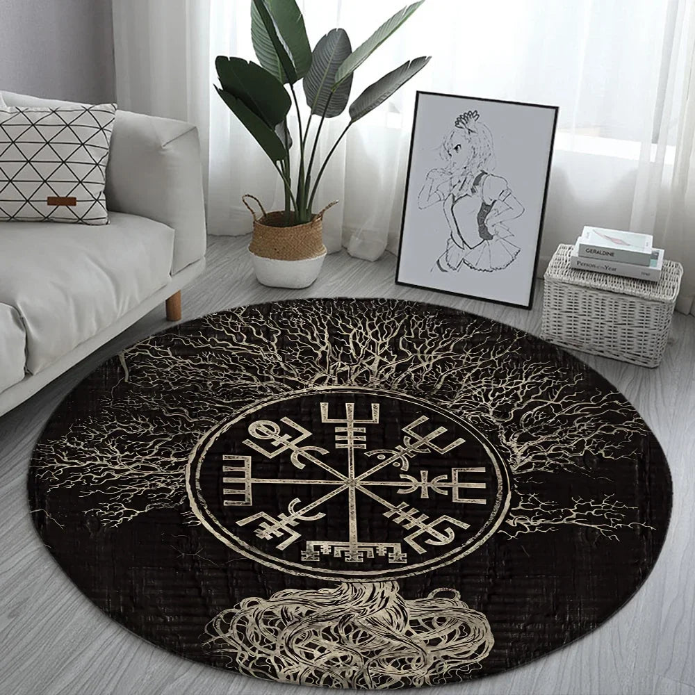 Navak Carpet World Tree Runder Teppich Flächenteppich Wikinger Nordische Mythologie Druck Runder Teppich Wohnzimmer Schlafzimmer Bodenmatte Spielzimmer Weicher runder Teppich