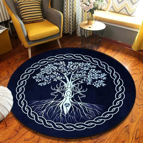 Navak Teppich Weltenbaum, rund, Wikinger-Druck, nordische Mythologie, rund, für Wohnzimmer, Schlafzimmer, Bodenmatte, Spielzimmer