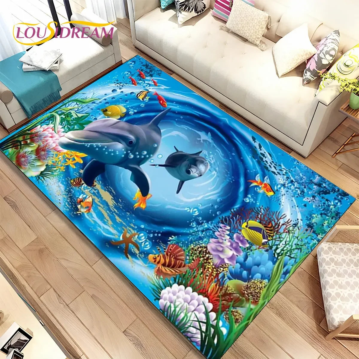 Navak Teppich, 3D-Illusion, Meeresboden, Unterwasserwelt, Delfin, Hai, Teppich für Wohnzimmer, Schlafzimmer, Sofa, Fußmatte, rutschfeste Bodenmatte