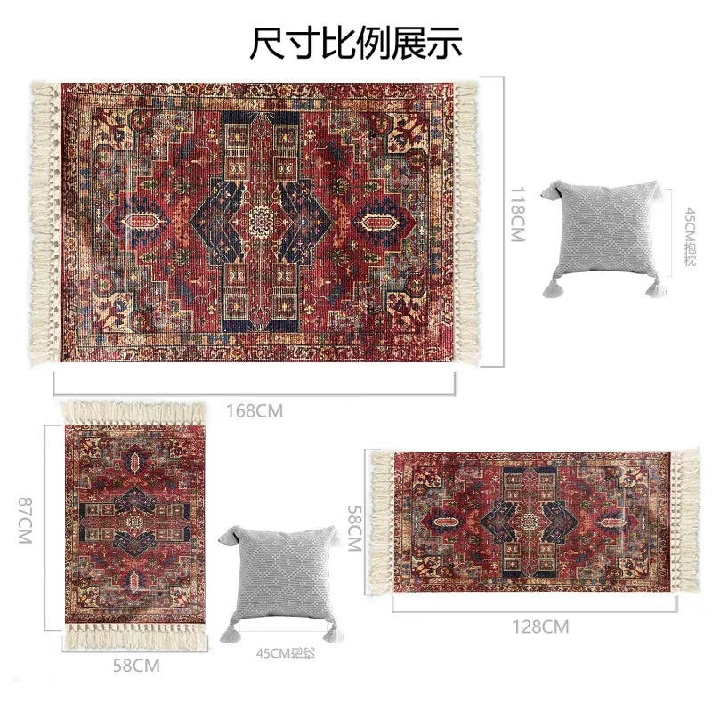 Navak Carpet Vintage American Persian Ethnic Style Red Handmade Knotted Tassel Homestay Polyester Cotton Linen Carpet Floor Mat
