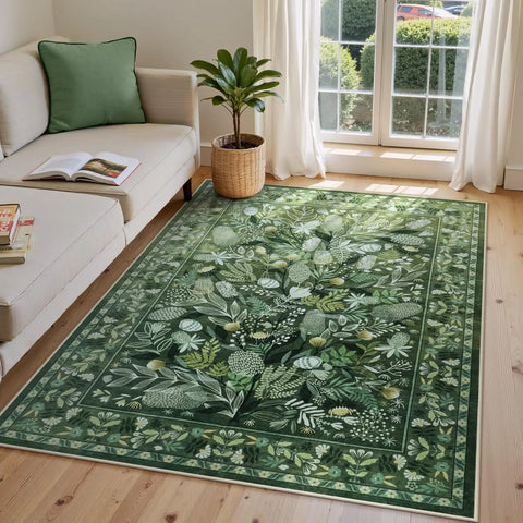Navak Carpet Crystal Velvet CarpetAn Green Botanical Floral Washable Area Rugs, Abstract Large Rugs for Living Room Non-Slip Soft