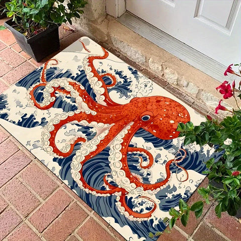 Navak Carpet Fußmatte im japanischen Stil mit rotem Oktopus-Wellenmuster – rutschfest, für Wohnzimmer, Badezimmer, Küche – Urlaubs- und Heimdekorationsgeschenk