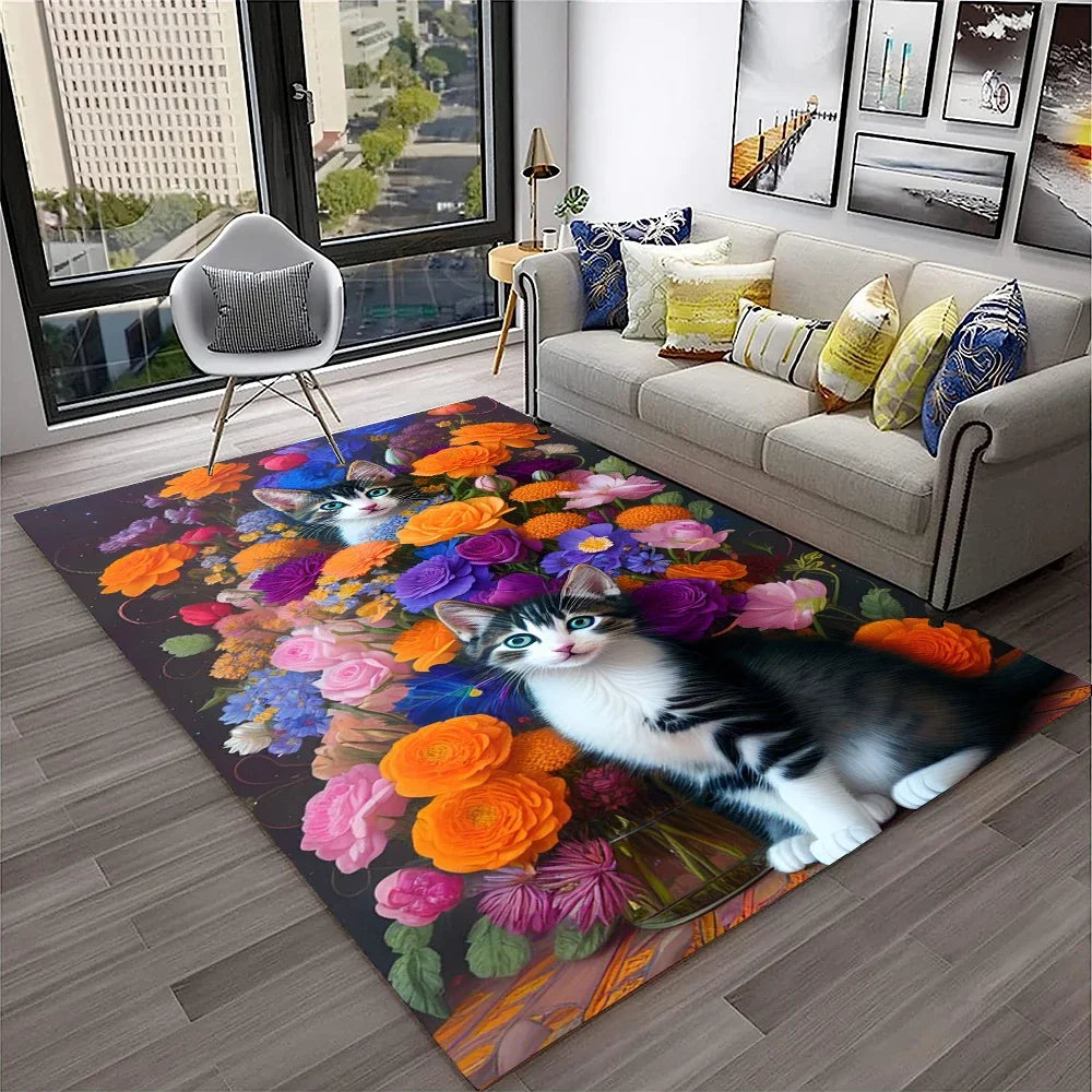 Navak Teppich, 3D, süße Katze, Blume, Cartoon-Teppich für Zuhause, Wohnzimmer, Schlafzimmer, Sofa, Fußmatte, Dekoration, Kinderspielbereich, rutschfeste Bodenmatte