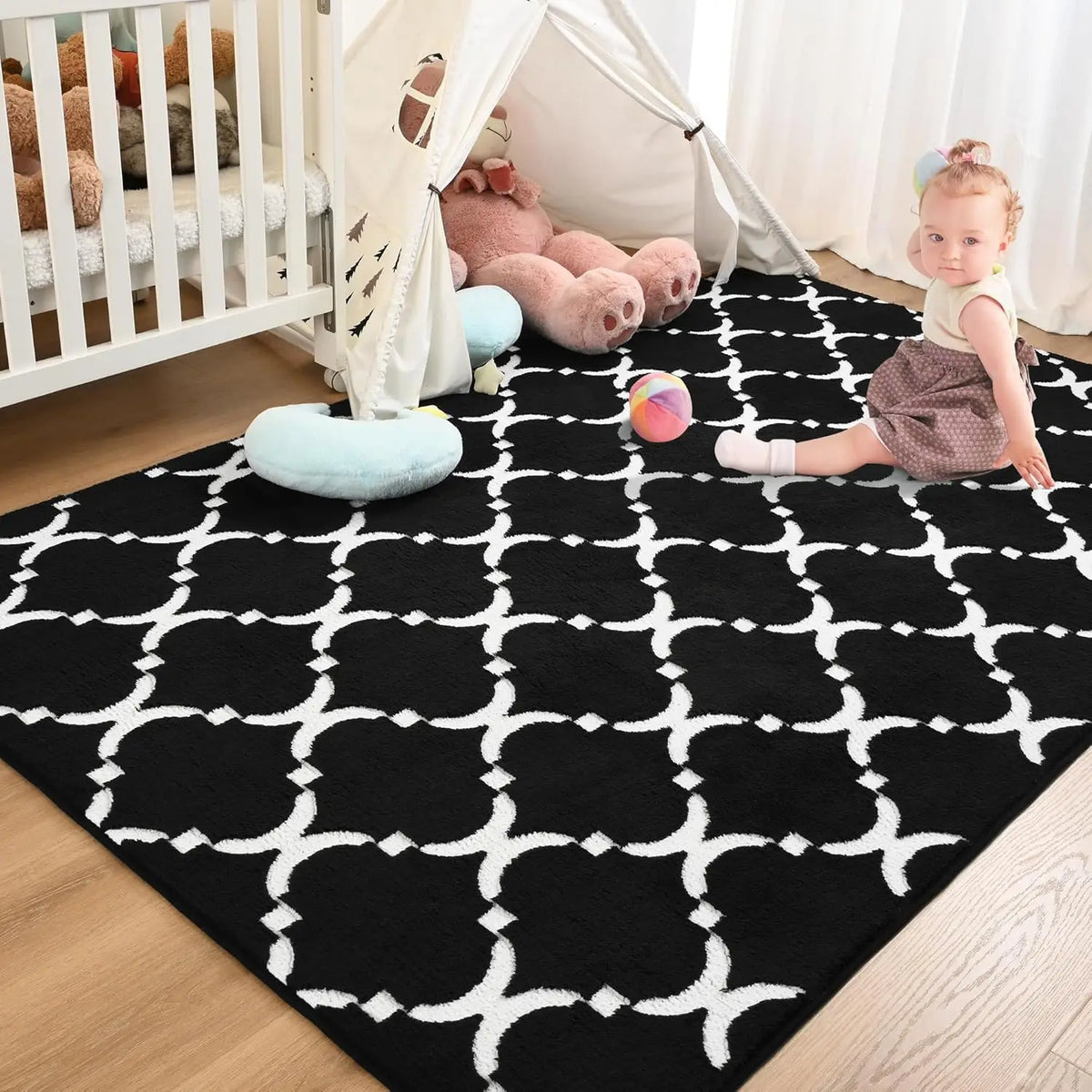 Navak Carpet Großer Shag-Teppich aus Memory-Schaum, Wohnzimmerteppich, 1,8 x 2,7 m, schwarzer Plüsch-Schlafzimmerteppich mit geometrischem Muster, Innenteppich für Kinderzimmerdekoration