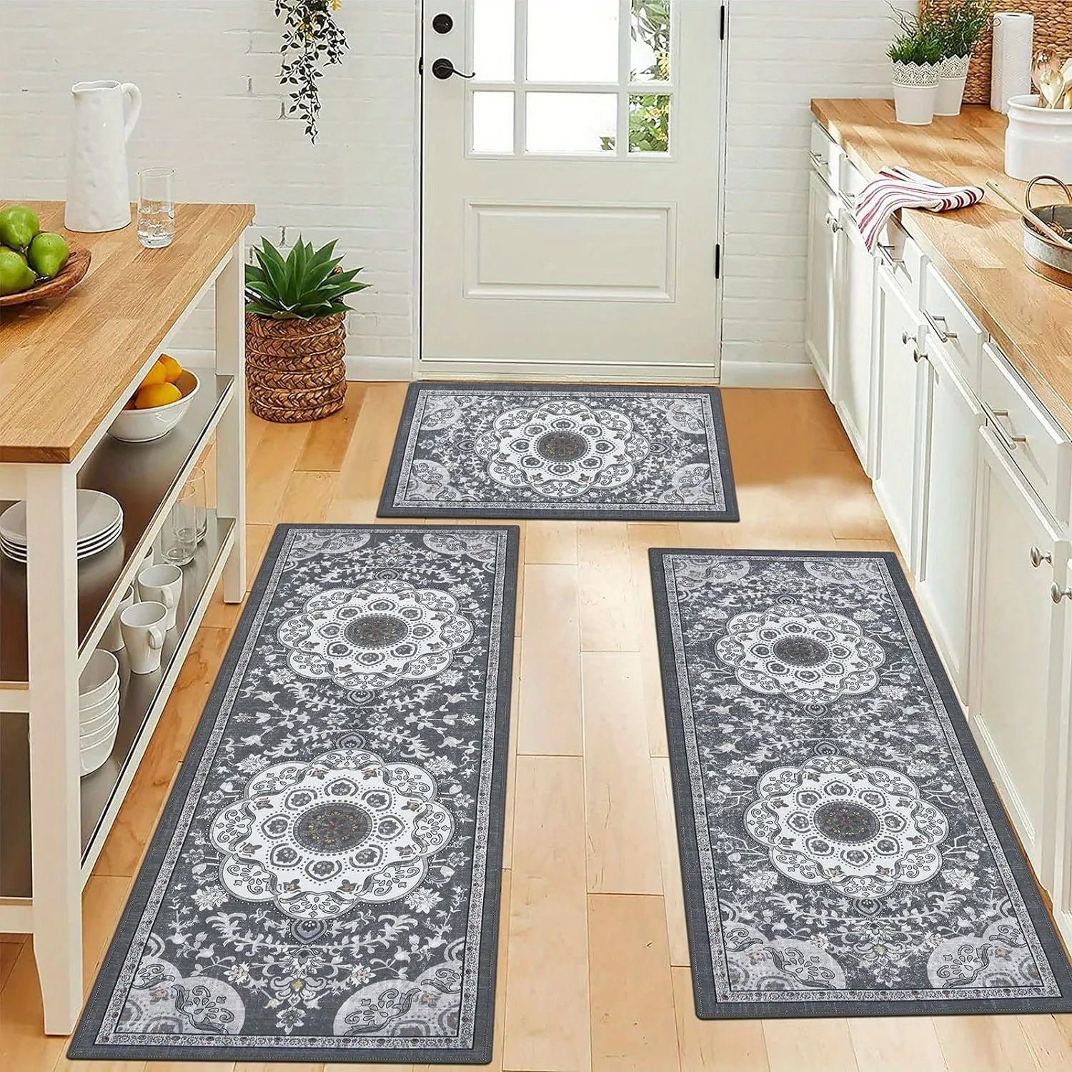Navak Teppich 3-teiliges Set Bodenmatten Teppiche im Bohemian-Stil Küchenteppich Rutschfester, bequemer, waschbarer Küchendeko-Büro-Schlafzimmer-Flur